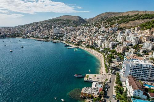 an aerial view of a beach in a city at Hotel Summer in Sarandë