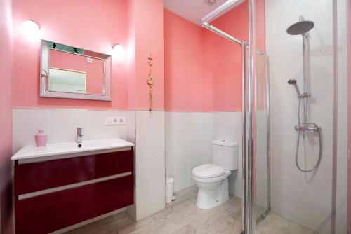 La salle de bains est pourvue de toilettes, d'un lavabo et d'une douche. dans l'établissement Loft con encanto, à Chiclana de la Frontera
