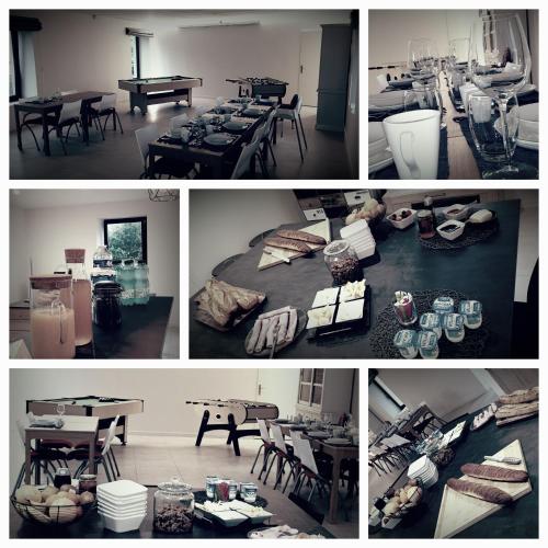 un collage de fotos de una habitación con mesas y sillas en A la Lueur des Prés, en Ducy-Sainte-Marguerite