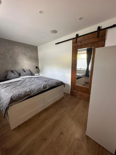 um quarto com uma cama e um espelho em Appartement Anna em Niederau