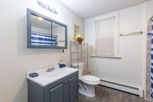 a bathroom with a sink and a toilet and a mirror at Frog Hollow Red Door Haven in Hartford