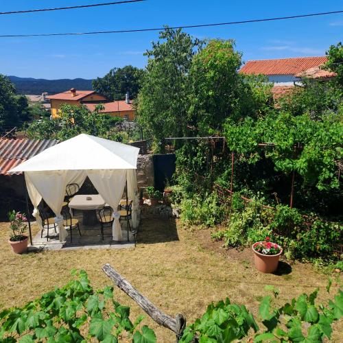 a white tent in a garden with plants at Holiday house Luin in Komen
