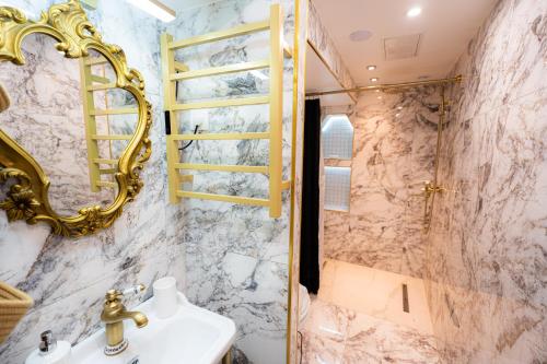 a bathroom with a sink and a mirror at Appartement de la noblesse - designed by C.M in Sélestat