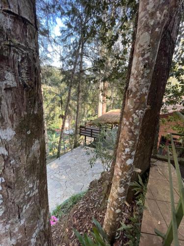 a park bench sitting in the middle of a forest at Recanto dos Sonhos Guest House in Lumiar