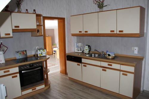 a kitchen with white cabinets and a sink at Ferienwohnung Schmetterling in Trendelburg