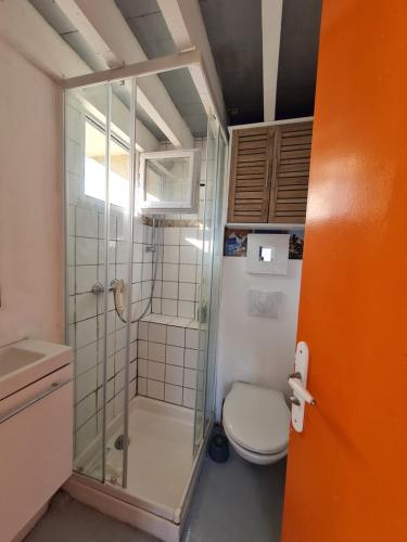 une petite salle de bain avec douche et toilettes dans l'établissement La tour de gais, à Sète