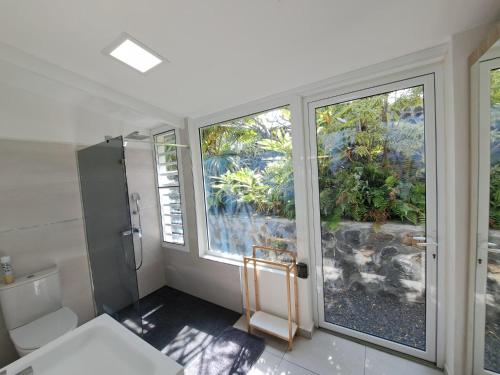 uma casa de banho com um chuveiro e uma janela grande em Villa tropicale - Meublé de Tourisme 4 Etoiles em Saint-Gilles-les Bains
