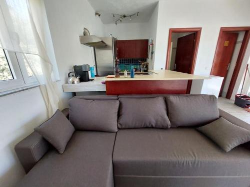 a couch in a living room with a kitchen at Elisavet sports villa in Sitia