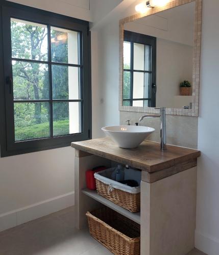 une salle de bain avec un lavabo et un miroir dans l'établissement La petite maison, à Châteauneuf