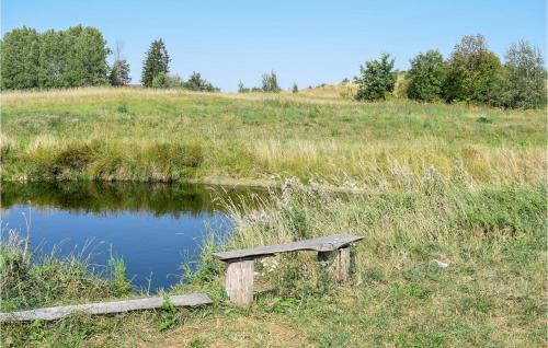a wooden bench sitting next to a pond in a field at Nice Home In Wejdyki With Sauna in Wejdyki