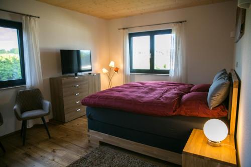 a bedroom with a bed and a tv and two windows at Ferienhaus Birx in Birx