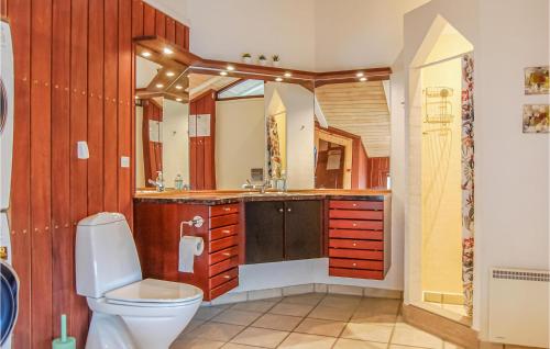 a bathroom with a toilet and a large mirror at Beautiful Home In Blokhus With 3 Bedrooms, Sauna And Wifi in Blokhus