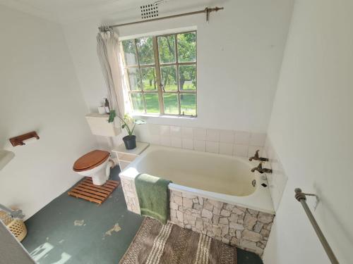 Oak Lane Cottages في إلغين: حمام مع حوض استحمام ونافذة