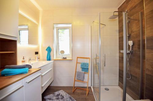 a bathroom with a glass shower and a sink at Ferienhaus Lina in Siegmundsburg