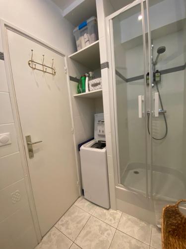 une douche avec une porte vitrée dans une salle de bain dans l'établissement Cocon cosy aux portes de Paris / Joinville-le-Pont, à Joinville-le-Pont
