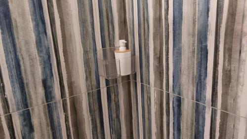 a shower with a roll of toilet paper on a curtain at Victoria Royal Apartments in Termoli