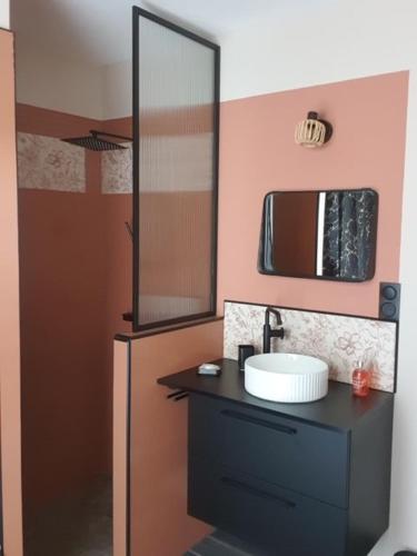 ein Bad mit einem Waschbecken und einem Spiegel in der Unterkunft Le pré en bulles in Lespesses