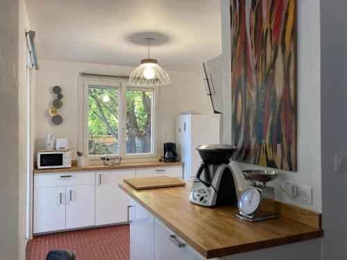 - une cuisine avec un comptoir et une cafetière dans l'établissement Maison Avec jardin clôturé, à LʼIsle-sur-la-Sorgue
