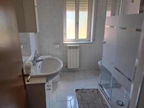 bagno bianco con lavandino e servizi igienici di B&B SAN MARCO a San Marco Evangelista