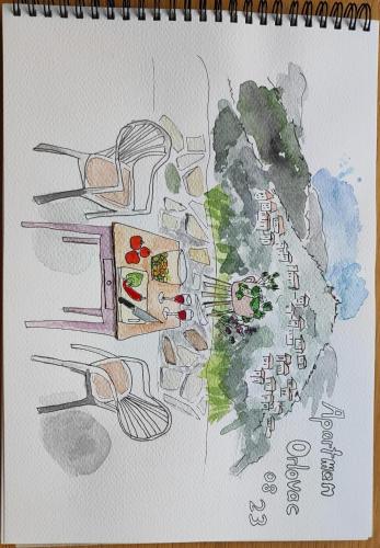 a drawing of a building with food on it at Apartman ORLOVAC in Slime