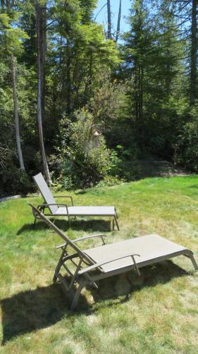 a picnic table and a bench in the grass at Cobble Wood and Bird Sanctuary Guest Houses in Tofino