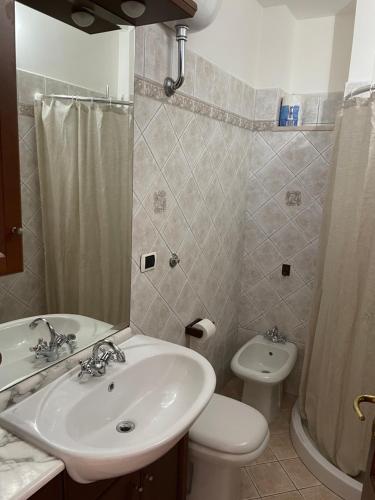 een badkamer met een wastafel, een toilet en een douche bij Trullo Ronzicchio in Cisternino