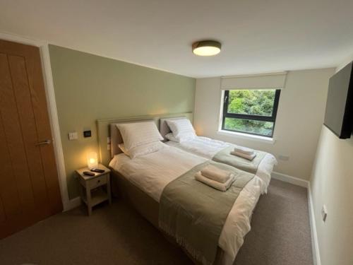 a bedroom with a bed with two pillows and a window at Crow’s Nest, Waverley Apartments in Gourock