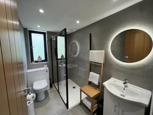 a bathroom with a sink and a toilet and a mirror at Crow’s Nest, Waverley Apartments in Gourock