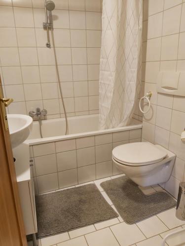 a bathroom with a toilet and a tub and a sink at City Center Golden Roof 8 in Innsbruck
