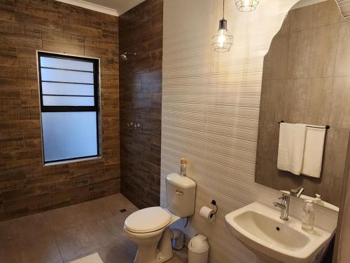 a bathroom with a toilet and a sink and a window at Villa-né Guesthouse in Potchefstroom