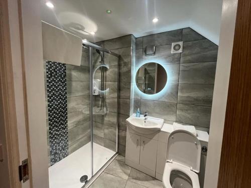 a bathroom with a shower and a toilet and a sink at Flat in Gourock - The Wedge in Gourock