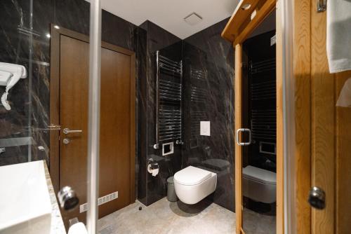 a bathroom with a toilet and a sink at Hotel Prishtina in Pristina
