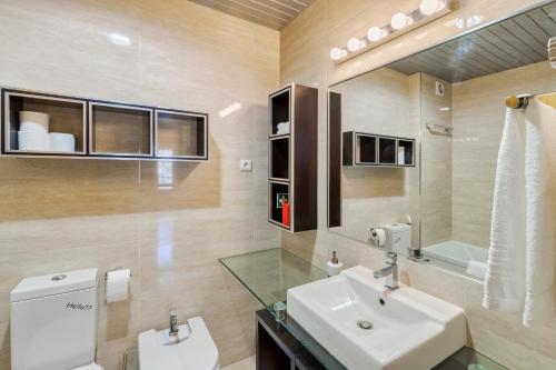 ein Badezimmer mit einem Waschbecken, einem WC und einem Spiegel in der Unterkunft Rosa in Torres Novas