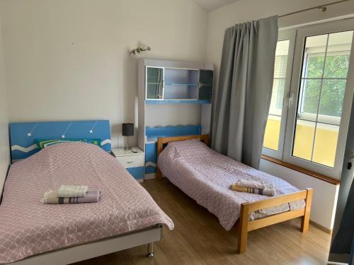 a bedroom with two beds and a window at Zubci mountain apartment in Bar