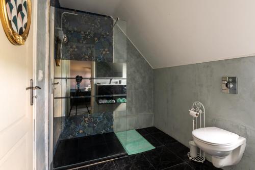 La salle de bains est pourvue d'une douche, de toilettes et d'un lavabo. dans l'établissement LA TOULOTTE chez Claire et Christian, à Sancy-lès-Provins