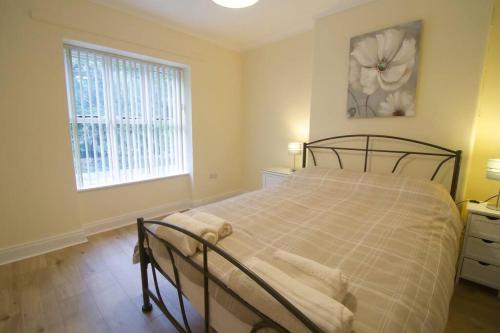 a bedroom with a large bed and a window at Newly refurbished village flat in Cullybackey