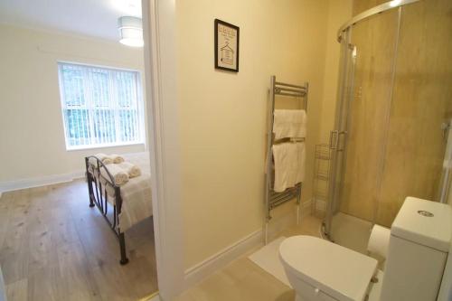 a bathroom with a toilet and a shower and a bed at Newly refurbished village flat in Cullybackey