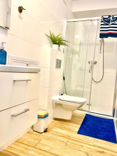 a bathroom with a shower and a toilet at Apartament Natalia in Hel