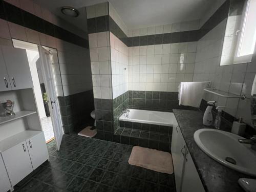 Gabe's Nest في Üröm: حمام مع حوض استحمام ومغسلة