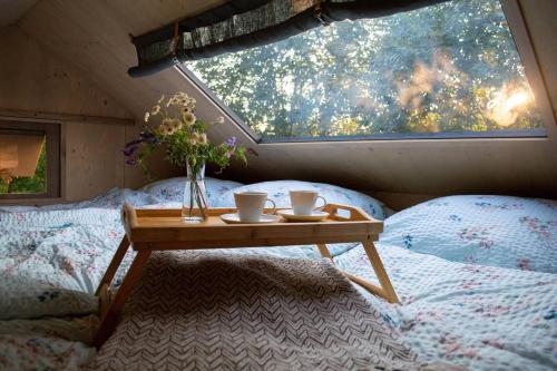 uma mesa com duas chávenas numa cama com uma janela em Posed Vojtěch 