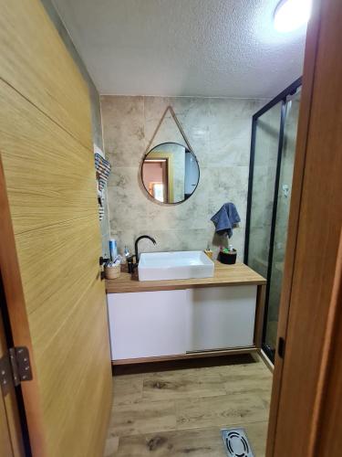 a bathroom with a sink and a mirror at Montenegro Dream House in Žabljak