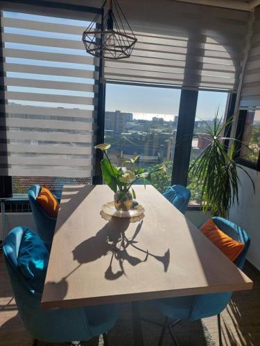 une table avec une plante devant une fenêtre dans l'établissement Apartman - Jaksa, à Bar