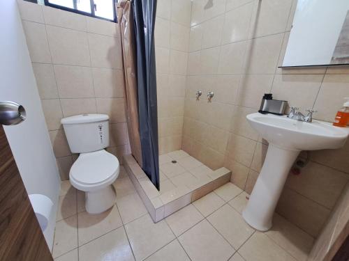 a bathroom with a toilet and a shower and a sink at Casa en Cuenca in Cuenca