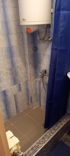 ein Badezimmer mit einer Dusche mit einem blauen Duschvorhang in der Unterkunft A modest place in Belgrad