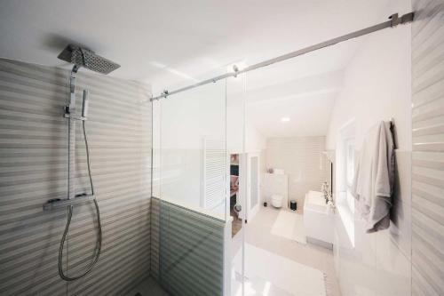 a bathroom with a shower with a glass door at Villa Miranda with pool in Zaton