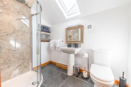 a bathroom with a toilet and a sink and a shower at The Black Dog Apartment in Dalton in Furness