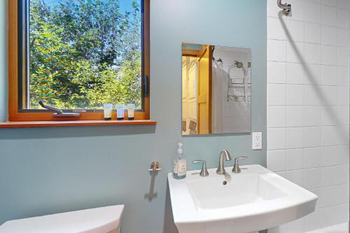 a bathroom with a sink and a window at Girdwood Cozy Casita in Girdwood