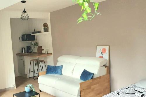 - un salon avec un canapé blanc et des oreillers bleus dans l'établissement studio cosy 1er centre Laval vu château et jardin, à Laval