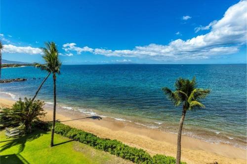 a beach with two palm trees and the ocean at KIHEI BEACH, #507 condo in Kihei