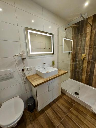 a bathroom with a sink and a shower and a toilet at Gala Hotel in Pforzheim